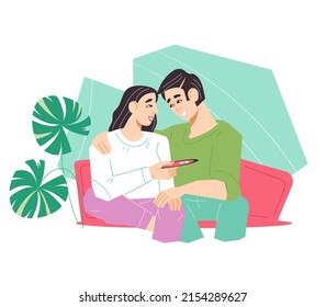 Young family couple rejoices in a positive pregnancy test, flat vector illustration isolated on white background. Pregnancy and fertility, parenthood and childbirth.