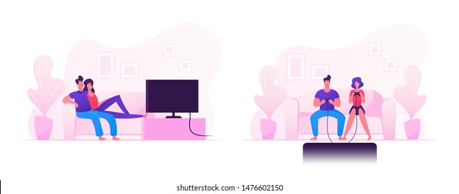 Young Family Couple Sitting on Sofa Playing Computer Games on Gaming Console and Watching Tv Set. Home Leisure Spare Time, Virtual Reality. People Spending Free Time Cartoon Flat Vector Illustration