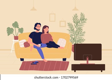 Young family couple sitting on sofa and watching TV movie in living room. Home leisure spare time, people resting and spending time together cartoon flat vector illustration