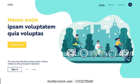 Young family cycling with city on background flat vector illustration. People riding on bikes in urban park. Healthy lifestyle, vacation and leisure concept.