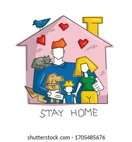 Young family: dad, mom, baby, dog and cat happy sitting at home. Cute and funny trendy flat abstract vector illustration about childhood.