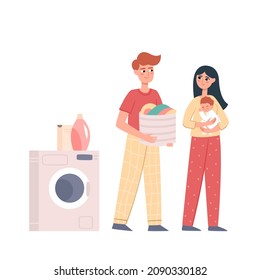 Young family doing laundry, man holding basin full of dirty laundry, woman with baby. House husband working at home helping his wife. Vector Illustration