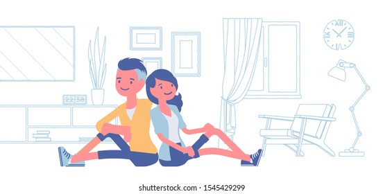 Young family dreaming of own house. Man and woman sitting in imaginable line drawing image of a new future flat, room vision with interior details and furniture. Vector flat style cartoon illustration