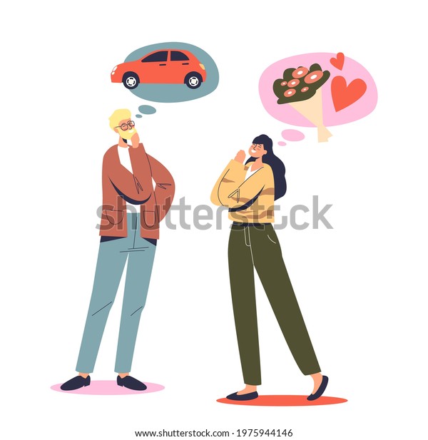 Young family dreams: woman wife think of\
romantic presents and male husband - of new car. Married couple\
dreaming. Cartoon flat vector\
illustration