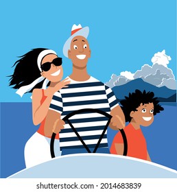 Young family driving a speed boat or yacht, EPS 8 vector illustration