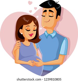 Young Family Expecting First Baby Illustration. Husband hugging his pregnant wife feeling baby kick
