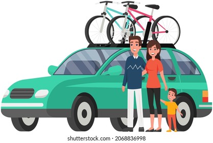 Young family, father, mother and child stand by hand near personal transport. Man, woman and boy standing together. Mom, dad, parents and their son near car for traveling and transporting bicycles