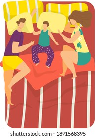Young family father, mother sleeping with male children, comfortable soft mattress bed cartoon vector illustration, isolated on white. Cramped relaxing couch, character lovely romantic couple.