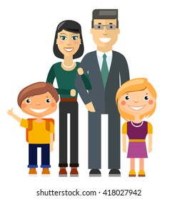 Young Family - Father, Mother, Son and Daughter. Flat Vector Illustration