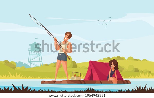 Young family with\
fishing rod and tent on floating wooden raft funny cartoon\
composition vector\
illustration