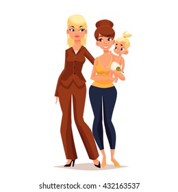 young family gay girl, vector cartoon comic illustration isolated on white background, gay family with a baby girl two happy girls homosexual with child