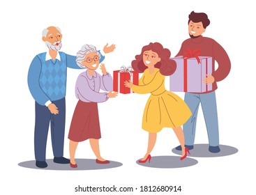 A YOUNG FAMILY GIVES GIFTS TO ITS PARENTS. CHARACTERS DESIGN ISOLATED ON WHITE BACKGROUND