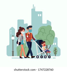 Young family going out for a walk after end of lockdown. Quarantine easing themed vector illustration with parents with toddler walking outside wearing masks 