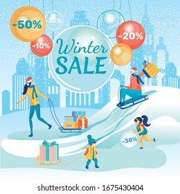 Young Family Happy to Buy Stuff on Special Winter Sale with Up to 50 Per Cent Off. Parents Sledding Down Hill with Shopping Bags and Gift Boxes. Little Children Having Fun in Snow. Discounts Banner.