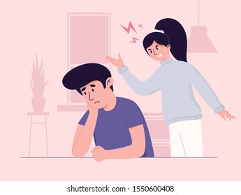 Young Family Has Stressful Situation Arguing. Woman Shouts, Man Is Confused. Couple Have Relationship Problems. Wife And Husband Can't Compromise. Tense Home Atmosphere Concept Illustration.