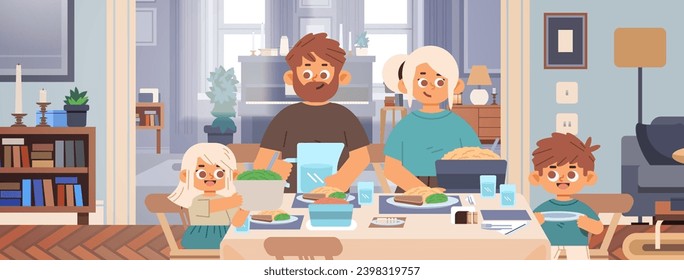 Young family having lunch at the dining table. Family dinner cartoon vector illustration