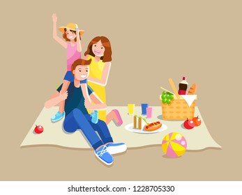 Young family having a picnic. Vector cartoon isolated illustration. 