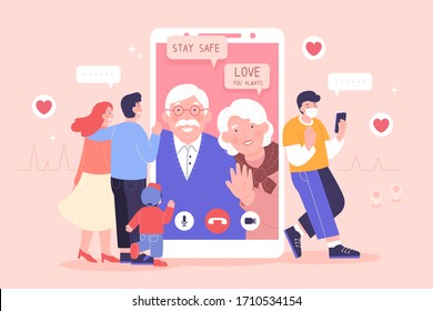 Young family having a video chat on smartphone with their grandparents and they both wishing the best for their loved ones