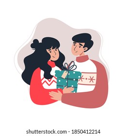 Young family holding a gift, vector illustration in flat style