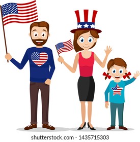 Young family holding the USA flag. People celebrate American independence day.