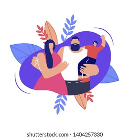 Young Family Hugging Flat Vector Illustration. Husband, Wife and Little Child Standing Together Cartoon Characters. Happy Couple with Son. Traditional Values, Family Relationship. Parenting, Childcare
