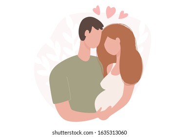 Young family: husband and pregnant wife. A man and a woman are hugging.