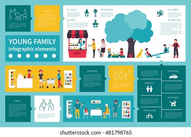 Young Family infographic flat vector illustration. Presentation Concept