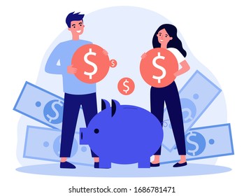 Young Family Investing Money For Future Flat Vector Illustration. Man And Woman Saving Finances On Deposit For House. Economy And Financial Independence Concept.