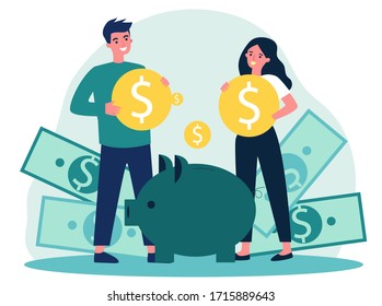 Young family investing money for future flat vector illustration. Man and woman saving finances on deposit for house. Economy and financial independence concept.