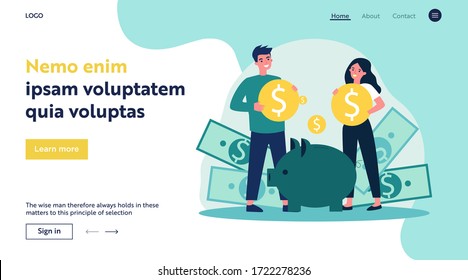 Young family investing money for future flat vector illustration. Man and woman saving finances on deposit for house. Economy and financial independence concept.