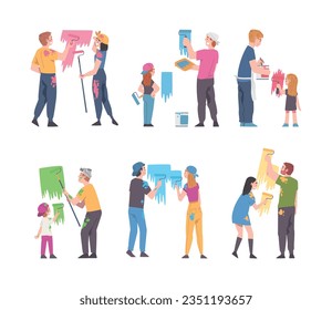 Young Family with Kid Holding Paint Roller Making Repair and Home Renovation Vector Illustration Set