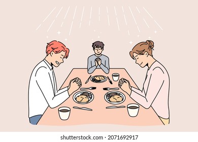 Young family with kid sit at table pray before dinner thanking god for food. Religious superstitious parents with child grateful thankful for meal. Faith, religion concept. Flat vector illustration. 