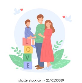 Young family kid together, flat style. Happy parents standing next to their little daughter, who is sitting on cubbies. Family values. Peace. Cute vector illustration, isolated on white background.
