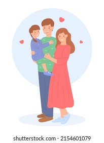 Young family kid together, flat style. Happy parents with their young daughter. Family values. Cute vector illustration.