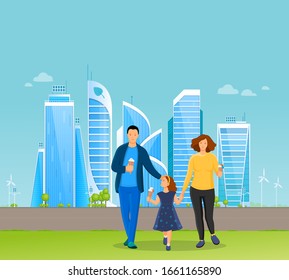 Young family with kid walk on background of skyscrapers eat ice cream, chat and laugh. Group people walking outdoors in different clothes in summer weather heat season cartoon vector