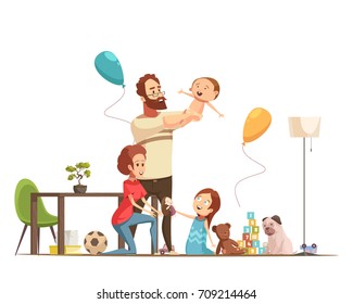 Young Family With Kids Home Playing With Baby Boy And Little Girl Retro Cartoon Poster Vector Illustration 