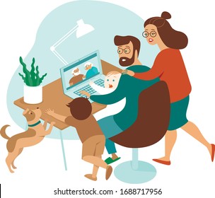 Young family with kids making a distant call to elderly parents on internet during quarantine. Flat concept illustration for coronavirus covid-19 outbreak