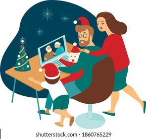 Young family with kids making a distant call to elderly parents on internet during quarantine on Christmas eve. Flat concept illustration for coronavirus covid-19 2019-ncov pandemic.