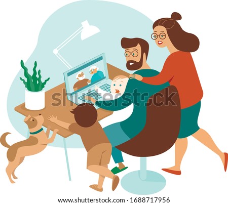 Young family with kids making a distant call to elderly parents on internet during quarantine. Flat concept illustration for coronavirus covid-19 outbreak