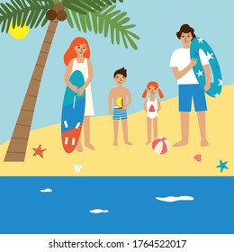 Young family with kids on the beach. Flat vector illustration of happy family with two children - boy and girl standing above palm and enjoying their vacation trip on the tropical seashore