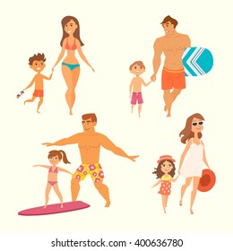 Young Family With Kids On Vacation. Vector Illustration Of Mother And Son Go To The Beach; Man And Boy Are Going To Surf; Father Teaching Daughter. Funny Cartoon Characters Isolated. Summer Time.