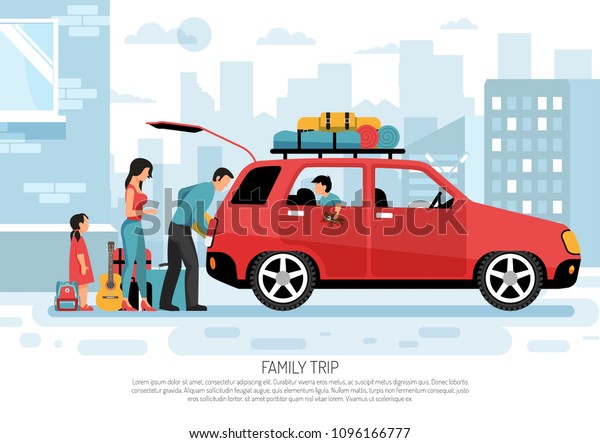 Young family with kids packing car for vacation road\
trip flat transportation  poster cityscape background vector\
illustration 