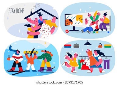 Young family with kids rest stay at home on quarantine during corona virus pandemic. Parents and children relax on lockdown, play outdoor and watch TV indoors. Covid-19. Flat vector illustration. Set.