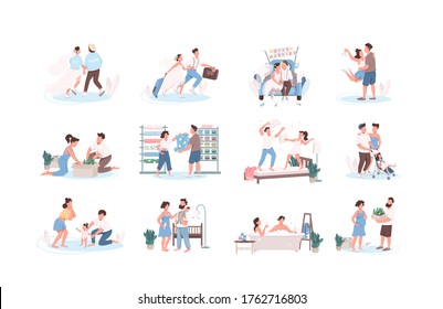 Young family life moments flat color vector faceless characters set. Bride and groom together. Wife and husband with baby isolated cartoon illustration for web graphic design and animation