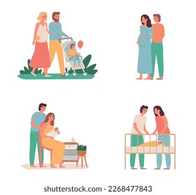 Young family with little baby, parents with kids. Illustration of mother an father with kids vector lifestyle