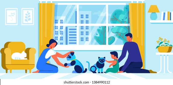 Young Family with Little Baby Playing with Robot Pets Cat and Dog at Home. Cute Kid Boy and Parents Playing with Interactive Toys. Robotics Digital Technology Concept. Cartoon Flat Vector Illustration