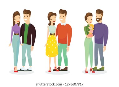 Young family with little daughter. Young couple of people. People in love. Vector graphic.