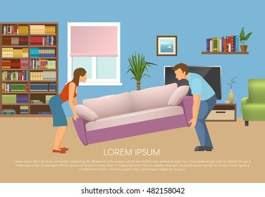 Young family at living room design with man and woman moving sofa vector illustration  
