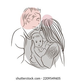 Young family, love, mom and dad hugging a newborn, warm feelings, line, outline drawing in doodle style