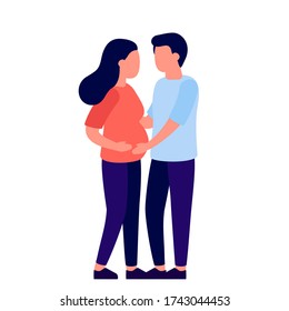 Young family man and woman expecting baby, pregnancy. Family hugs, love, support. Future father and mother. Vector flat illustration